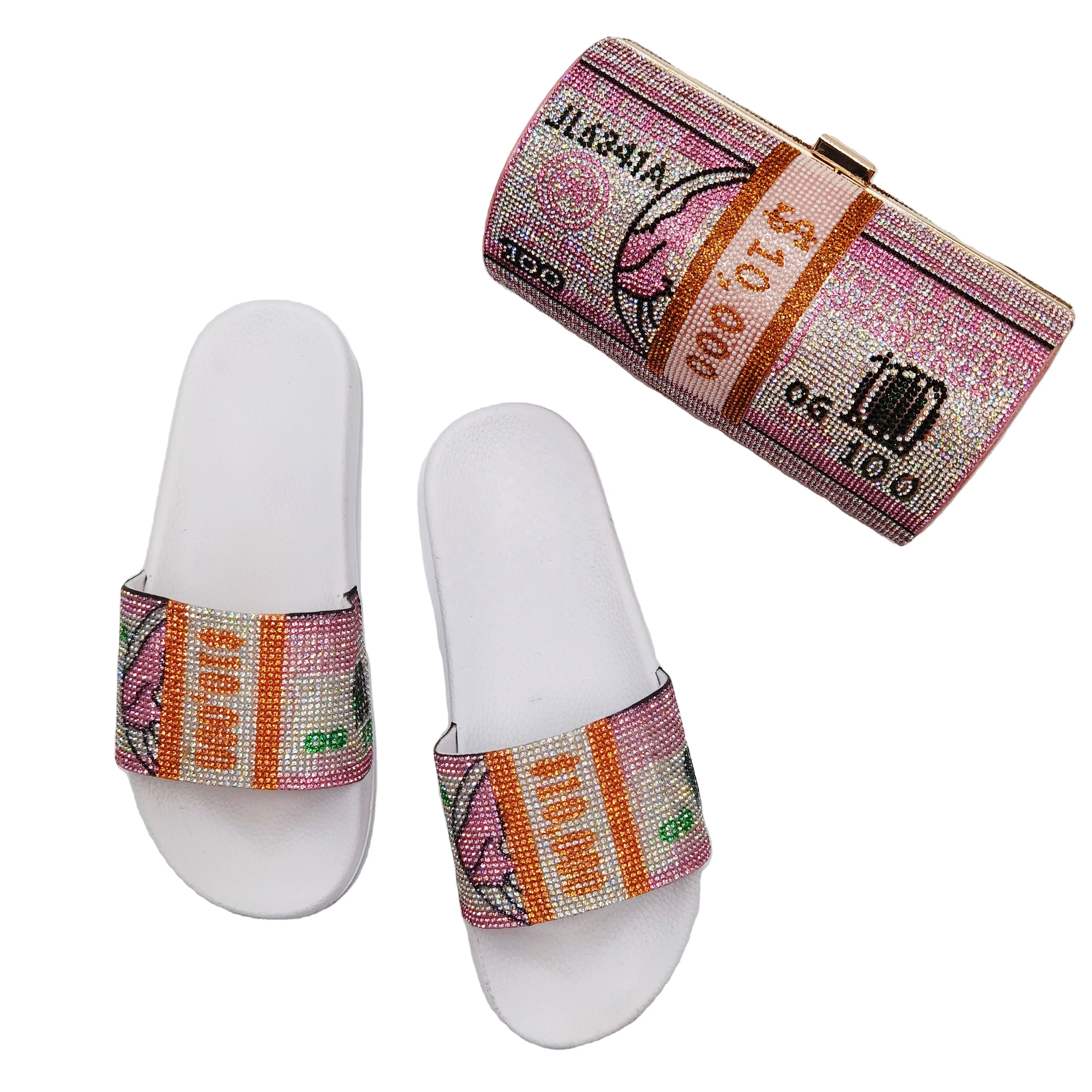 
Women Luxury $100 Dollars Rhinestone Crystal Money Clutch Evening Bag Sparkling Party Prom Sling Crossbody Slipper Set 