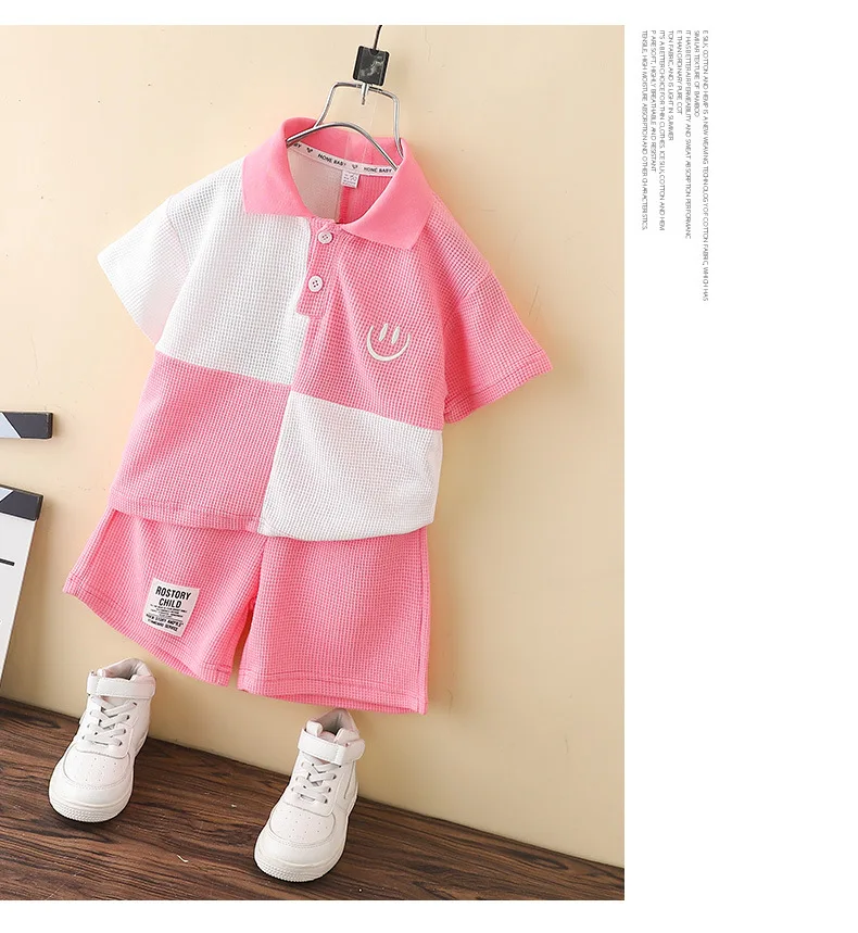Summer waffle knitting matching color polo short Sleeves T-shirt short Shorts 2pcs kids clothes set with smile emb