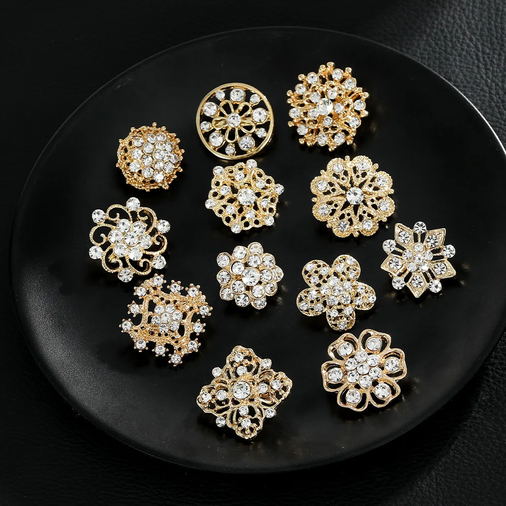 Wholesale rhinestone crystal gold plated wedding shell Fancy Vintage Style Luxury set brooch Pin for Women