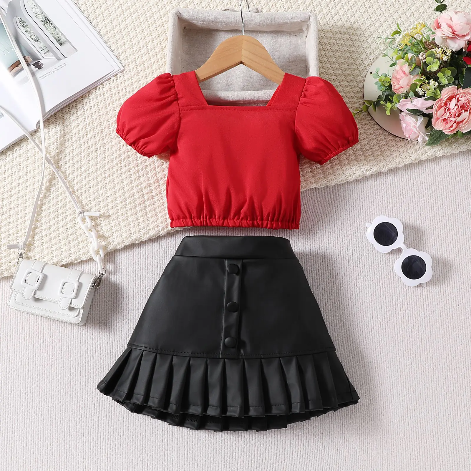Hot Selling Fashion Kid Summer Outfits 1-6Y Short Puff Sleeve Solid T Shirts Tops Black PU Leather Skirt Girls Clothing Set