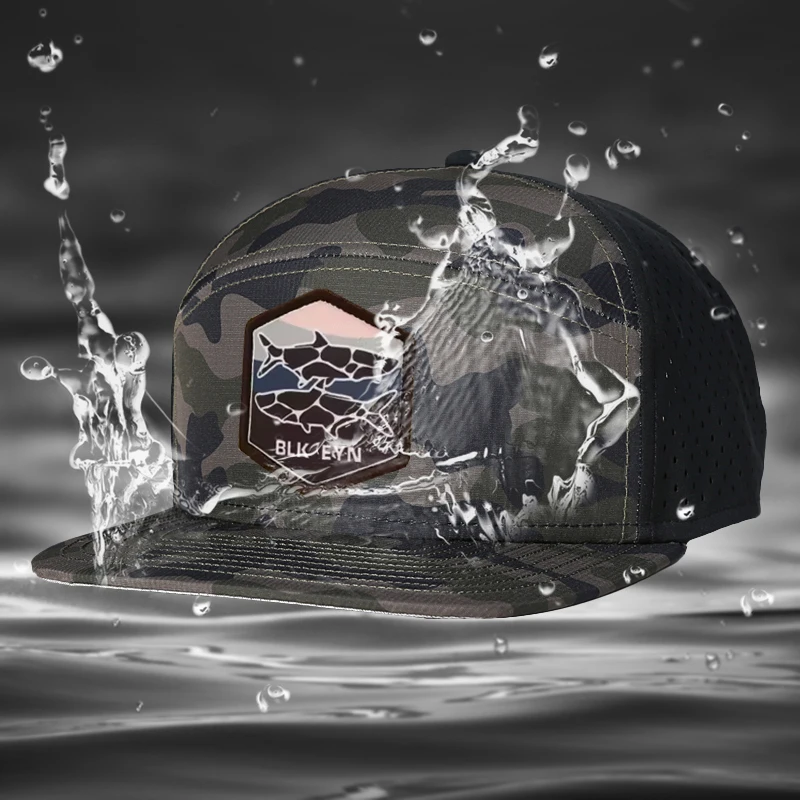 Custom High Quality 7 Panel Flat Bill Camo Laser Cut Holes Cap,Polyester Rubber Patch Logo Waterproof Perforated Hat