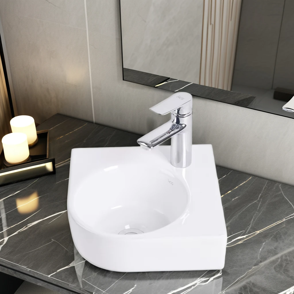 Factory custom white ceramic rectangular corner round wall mounted washbasin for washroom cloakroom