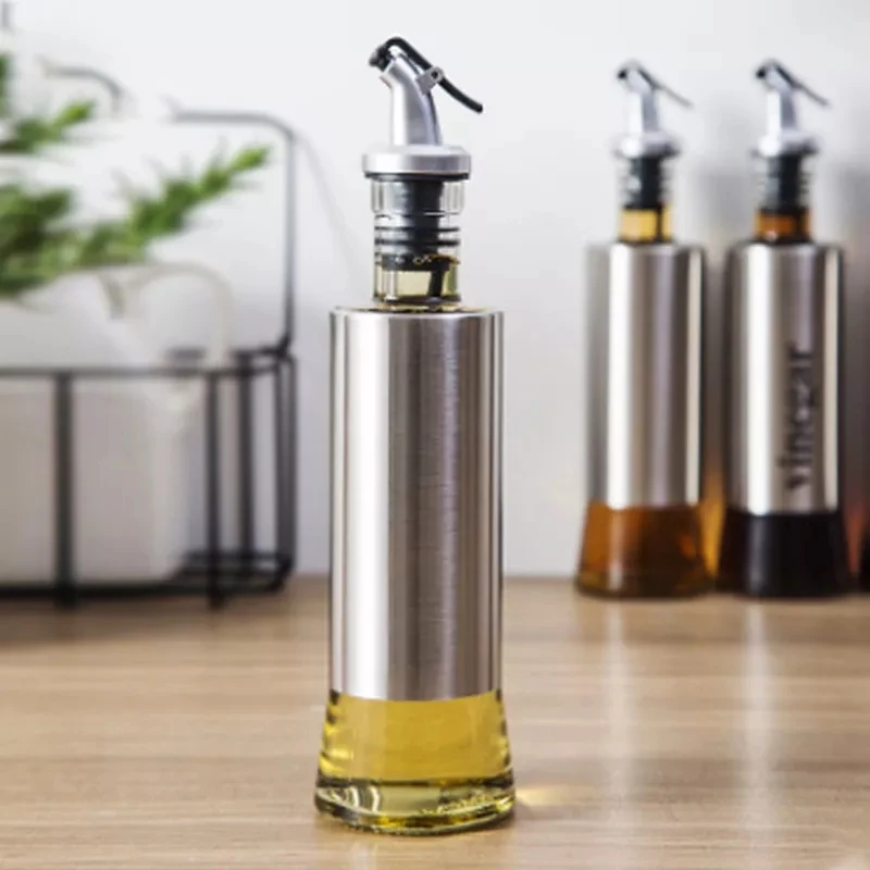 Factory Direct Glass Oil Dispenser Olive Bottle Stainless Steel Leak-Proof Soy Sauce Vinegar Cruet Storage Dispenser