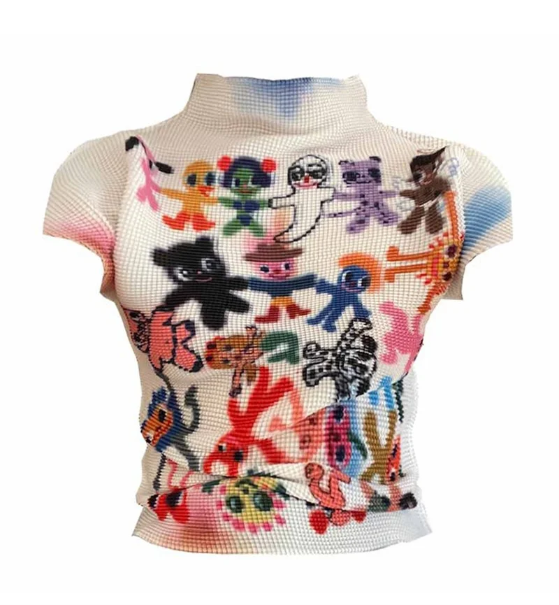 Pleated print atmosphere slim short-sleeved shirt colorful graffiti T-shirt for women