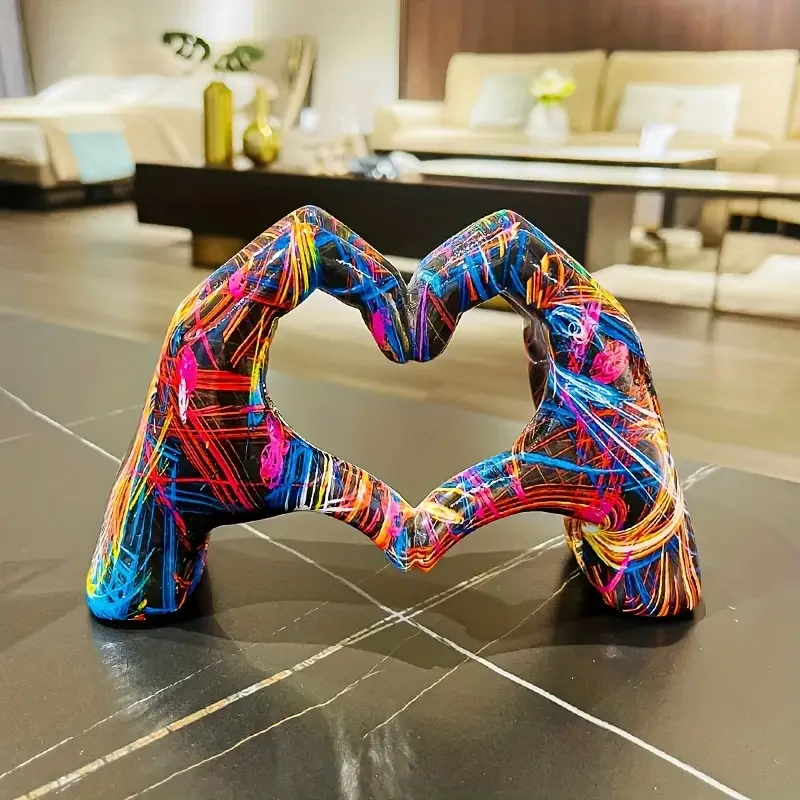 Modern Home Office Coffee Table Bedroom TV Cabinet Heart Gesture Decor Sculpture Colorful Heart Hands Statue Love Hand Sculpture