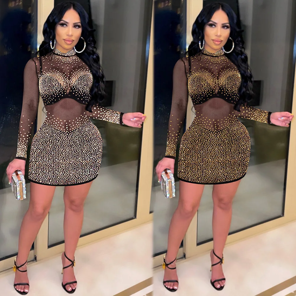 Drop Shipping Long Sleeve Bodycon Dresses Club Mesh Sexy Transparent Women Rhinestone Dress