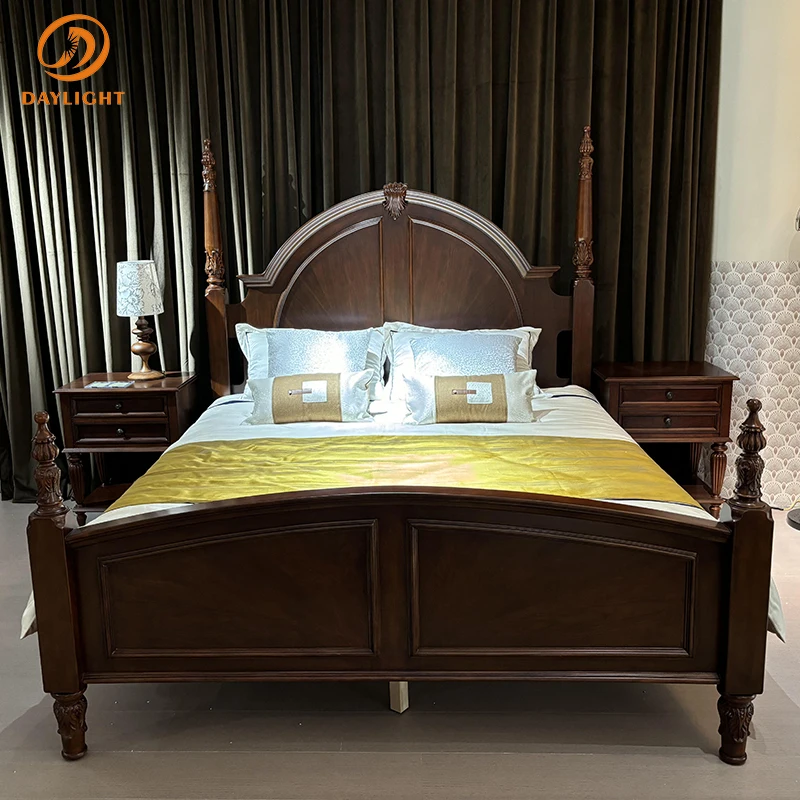 Bedroom Solid Wooden Design Furniture European Luxury Wood Vintage Royal Set Apartment High-end Villa Mahogany Classic Hotel Bed