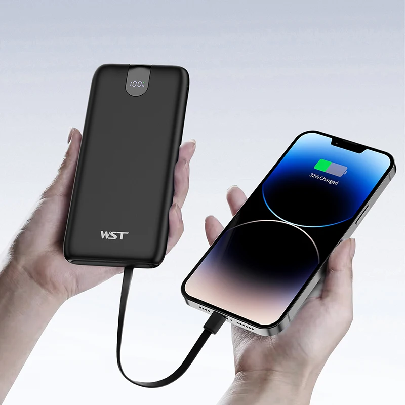 Hot Sale 10000mAh Travel Power Bank Slim Battery Pack LED Display Portable Mobile Phone Charger Built in with Cables