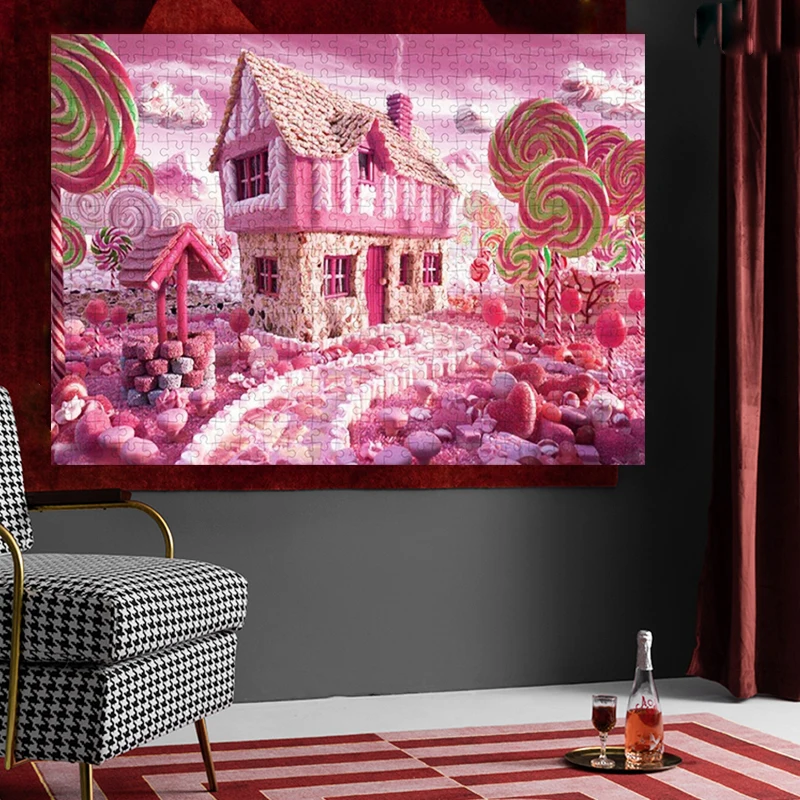 Custom Children Girls Cartoon Pink Cottage House Castle Fairy Tales Print 1000 Pieces Home Education Toy Paper Jigsaw Puzzles