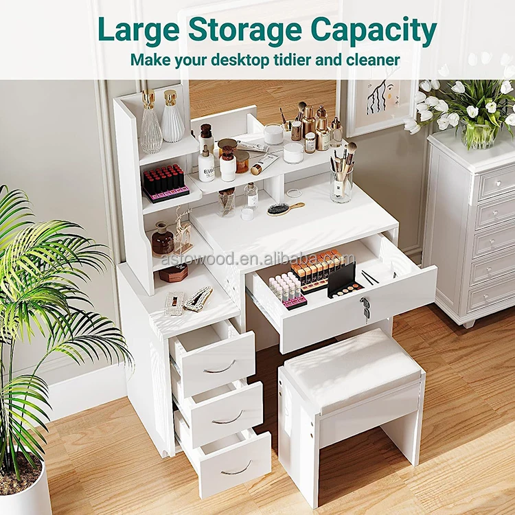 White Dressing Table Set with Mirror and Stool, 4 Drawers Vanity Table with Shelves for Girls Women Bedroom Makeup Desk