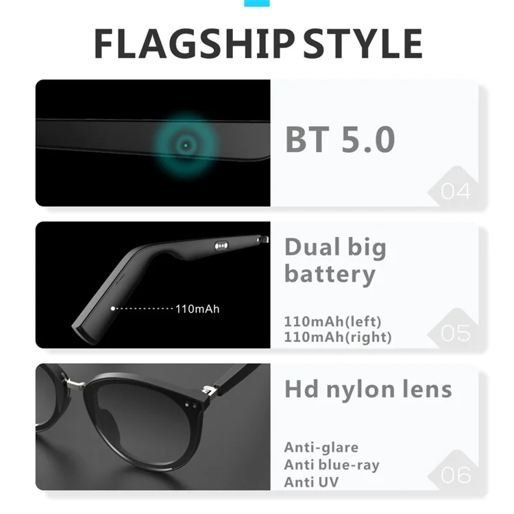 New Arrival Fashion Sunglasses Newest 2020 BT Glasses Calling Smart Sunglasses With TWS Headphone