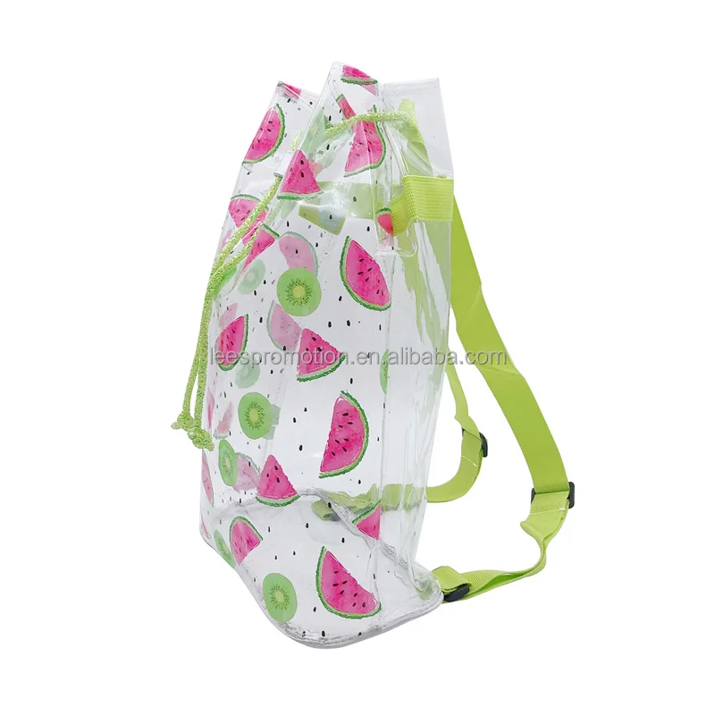 New Product In August 2023 Watermelon Printing Transparent PVC Drawstring Backpack Bag Kiwi Printing Knapsack Clear Packsack