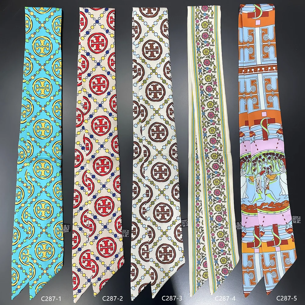 Factory OEM ODM 100% Silk Scarves for Women Luxury Skinny Scarf Digital Printed Silk Head Scarf Elegant Handle Bag Ribbons