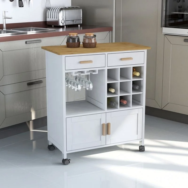 2023 Custom White Rolling mobile wheels wooden serving trolley kitchen island cart with wine rack and glasses holder
