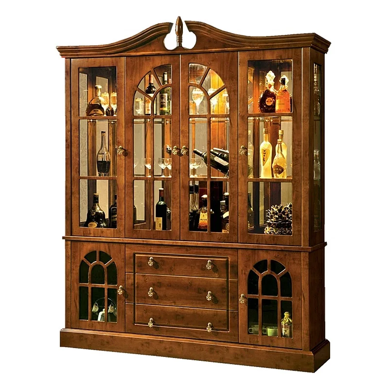Classic Wood Under Vine Cabinet Light Bar Display Glass Buffet Cabinet Oak Wine Counter Luxury Living Room Furniture