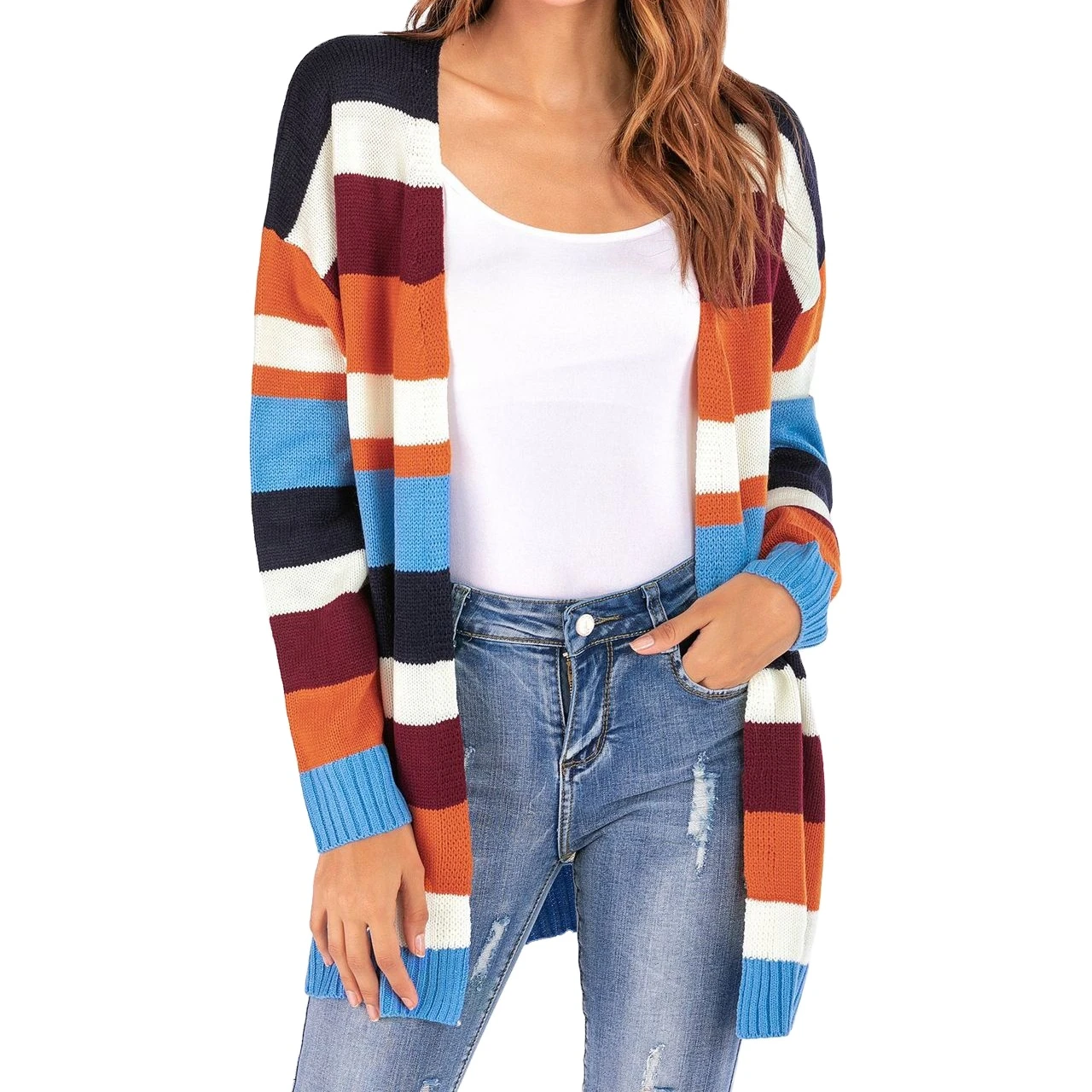 wholesale striped  Womens Color Block Striped Draped Kimono Long Sleeve Open Front Casual Knit Cardigan Sweaters Coat