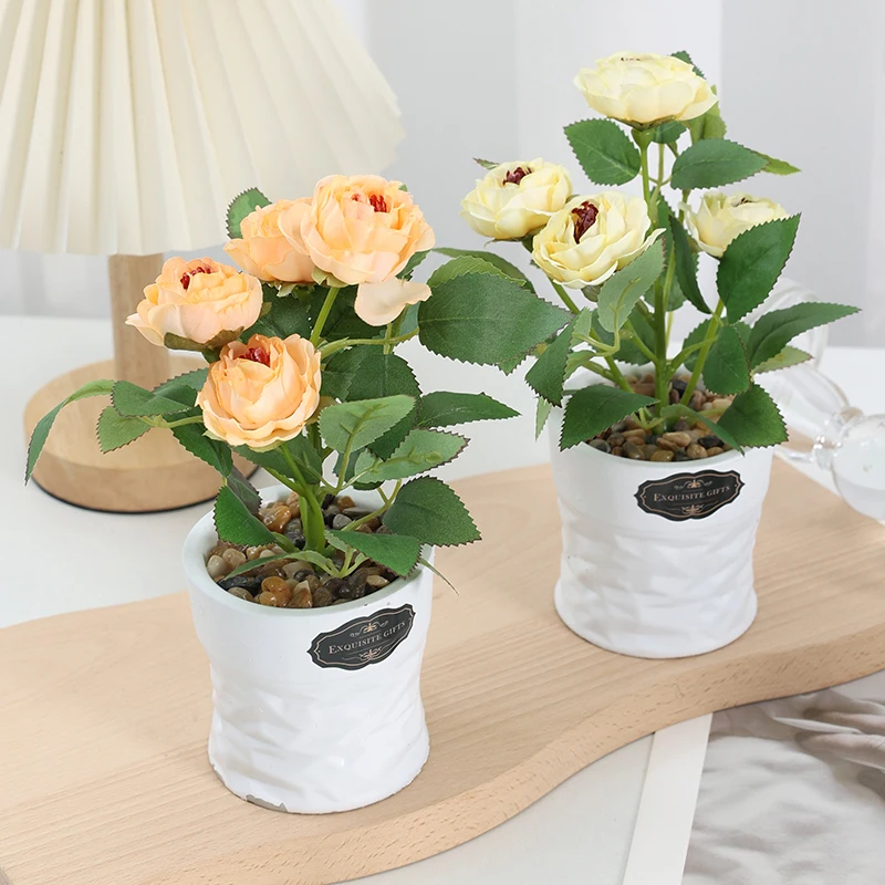 Wholesale Price Artificial Plant Camellia Flower Plant Pot Bonsai  Home Indoor Desk Office Plant Wedding Decoration