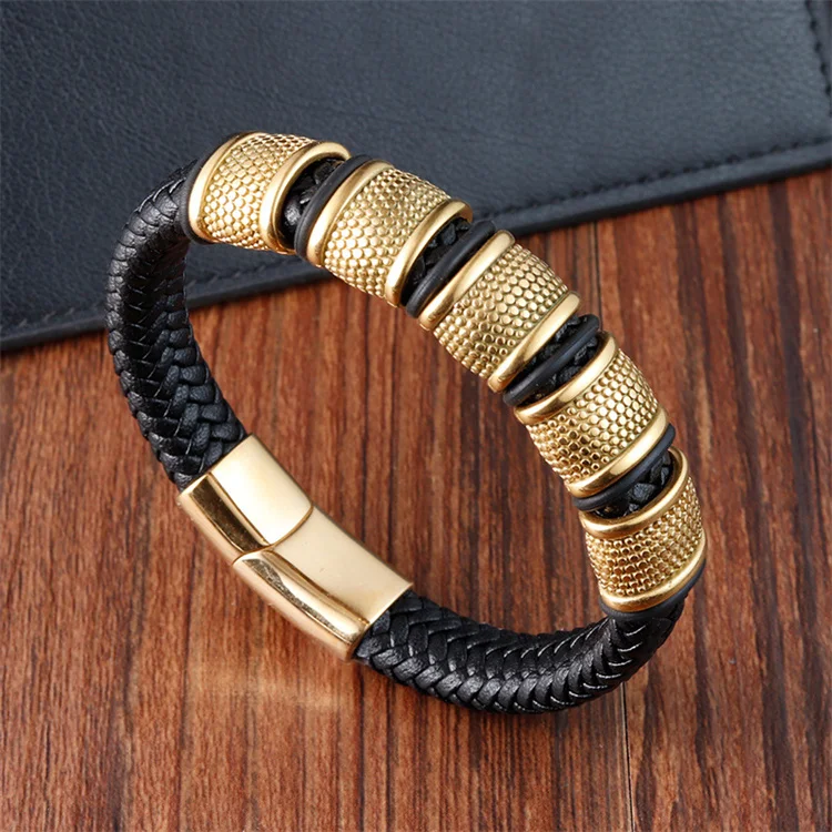 Fashion Men Gold Plated Stainless Steel Beaded Bracelets Leather Band Strap Wristband Bracelet Custom Leather Bracelet