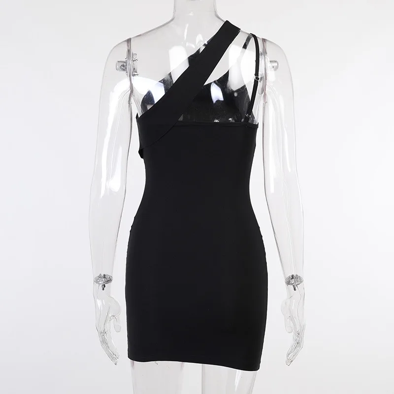 Spring and summer new diagonal shoulder sexy pure color slim temperament diagonal shoulder dress