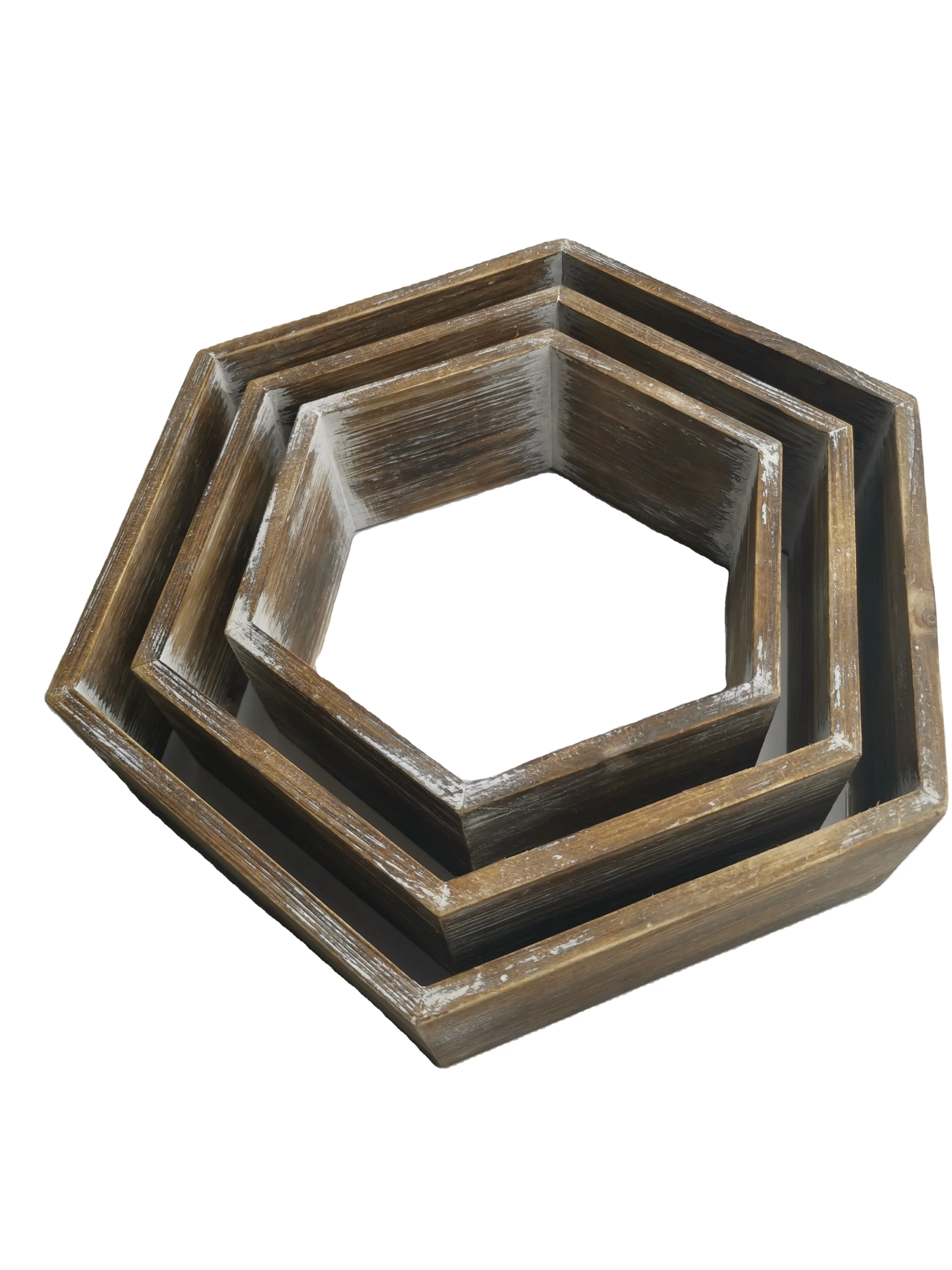 3 Pieces Farmhouse Home Decor Shelving Set Geometric Display Wooden Hexagon Wall Shelf For Bedroom Living Room