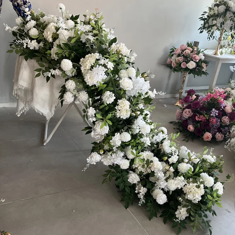 A-FR027 Wholesale wedding artificial white flower runner long table flower runner flower aisle runner wedding table