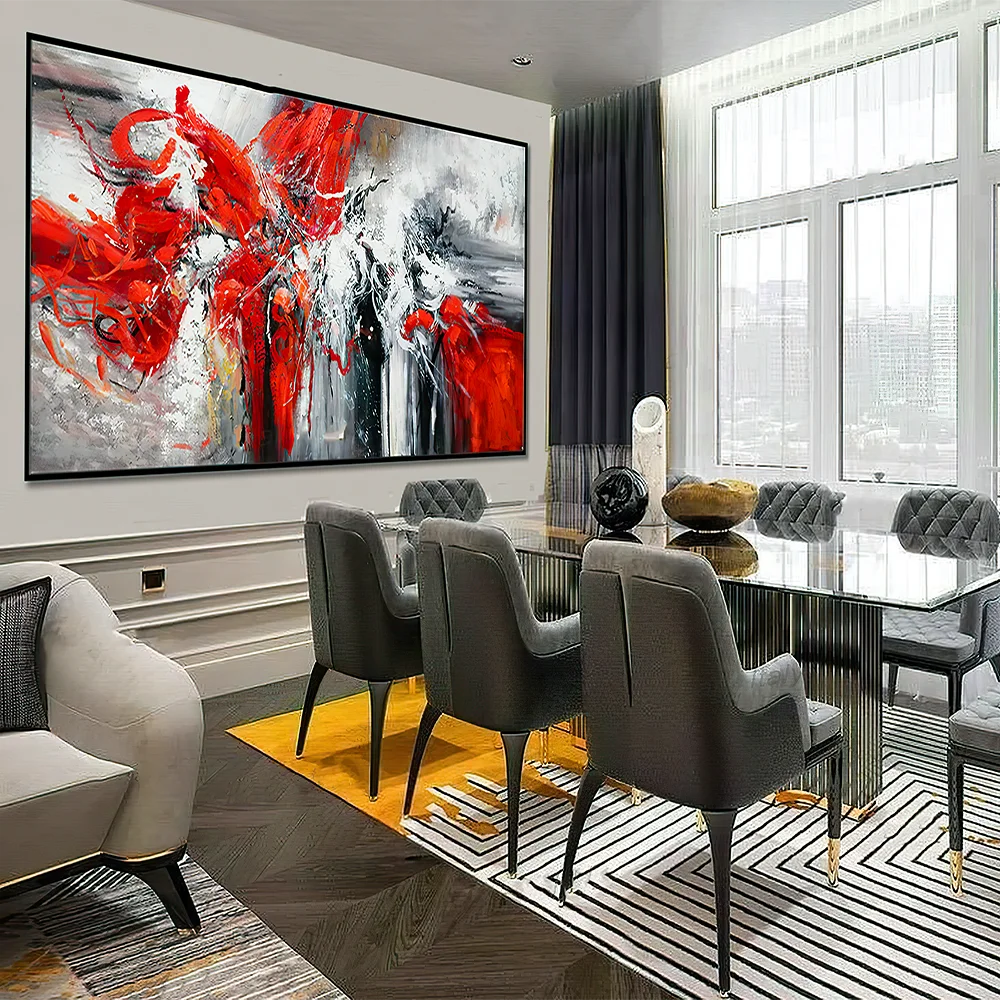 Black red super large abstract wall art hand-painted color texture long section super large panoramic frame acrylic painting mod