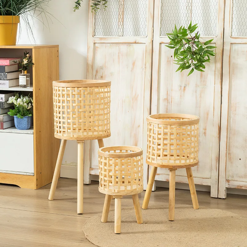 Rattan Flower Basket Bamboo Plant Pots Stand Wicker Planter Basket with Stand Legs for decorating living room, garden, terrace