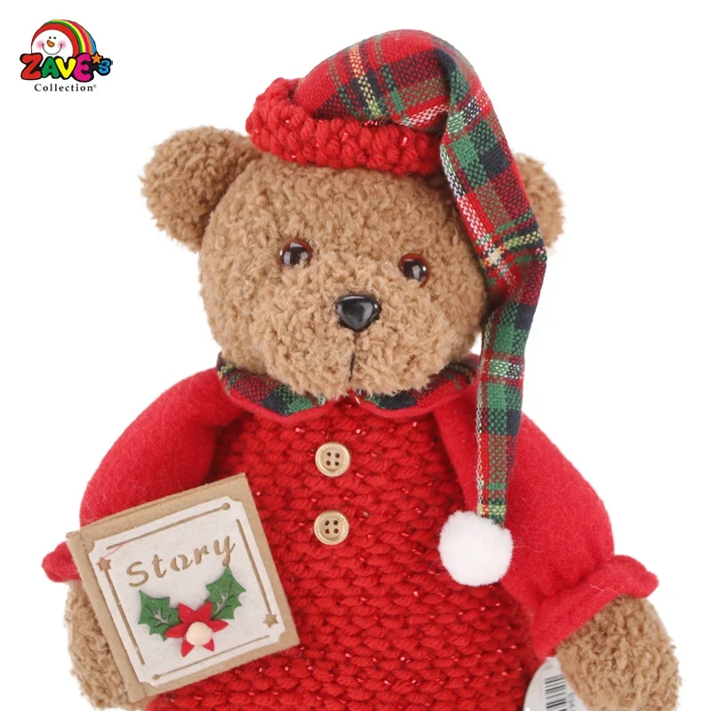13-In Teddy Bear Pair in Plaid Pajama Cute Soft Standing Ornament for Christmas Home Decor