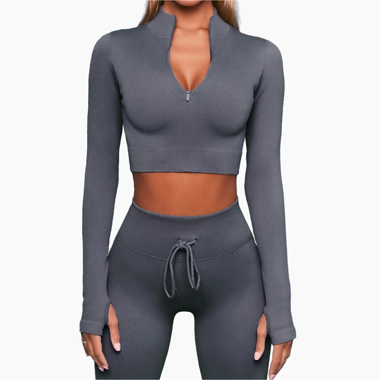 D12501 Sexy zipper v neck long sleeve crop tops high waisted trousers 2 piece set women clothes for gym leggings