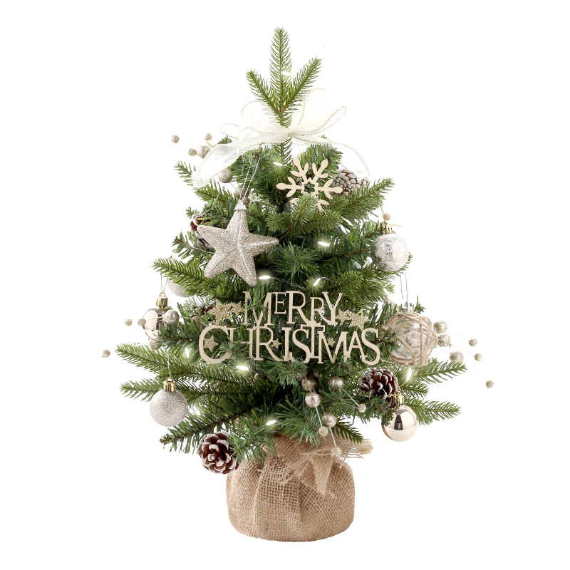 45CM Factory Sale PE PVC Christmas Table Top Tree With Ball Pine Cone and Linen Wrapped Christmas Decoration Supplies