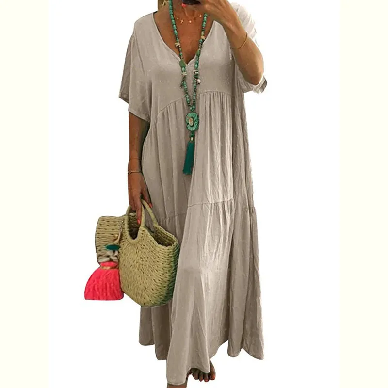 Women Cotton Linen Loose Long Maxi Dress Summer V-neck Short Sleeve Solid Oversized Dresses Plus Size S-5xl