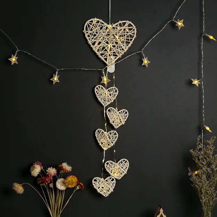 6 Heart-shaped Wicker Material Home Decor for Sale Christmas Love Gift with LED Decoration Wall Hanging Craft