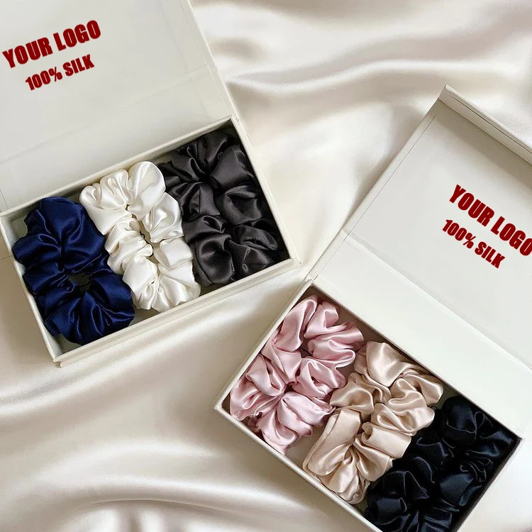 New Design High Quality 22/19/16MM 100% Mulberryed Silk Scrunchies With Logo Label  For Ladies silk scrunchie set