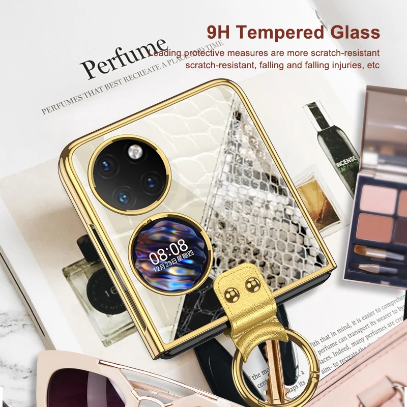 Luxury Leather Plating Hard PC 9H Camera Tempered Glass Protective Cell Phone Case For Huawei P50 Pocket ZFlip 3