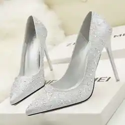 Fashionable, sweet, elegant, high-heeled shallow-mouth, thin, pointed, rhinestone wedding shoes