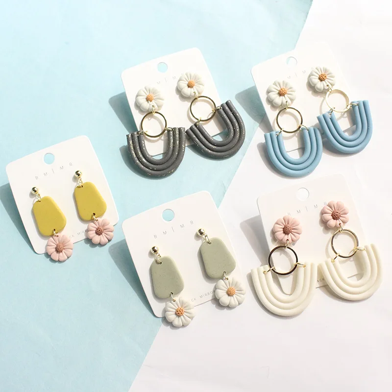 INS New Production Handmade U Shape Geometric Daisy Flower Clay Charm Earrings for Women