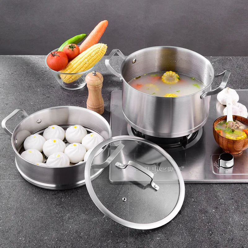 Hot sale food grade large capacity stainless steel non stick composite bottom cookware soup stock pot with steamer steamer pot