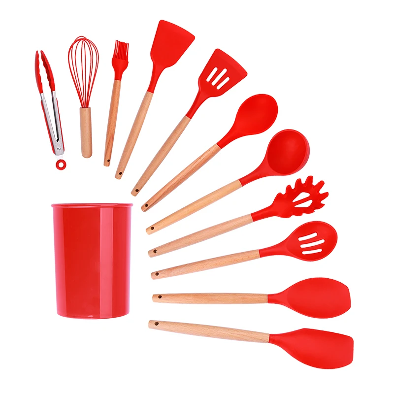 
12 Pieces of Silicone kitchen Utensils and Appliances With Wooden Handle,Special shovel and High Temperature Resistant Cooking 
