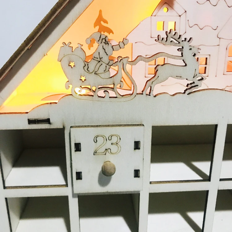 2025 New Trend 24 Drawers Christmas Advent Calendar Led Light wooden laser cut Count Advent Calendar with Tree House Village