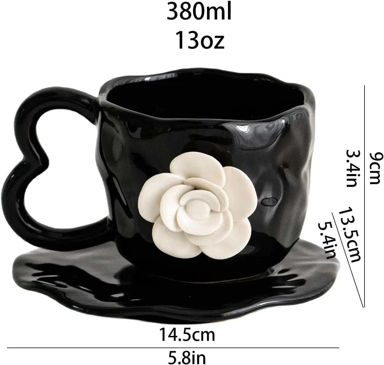 best sellers products china wholesale bulk 13oz cute ceramic nordic 3D Black Camellia flower Ceramic Coffee Mug with Saucer set