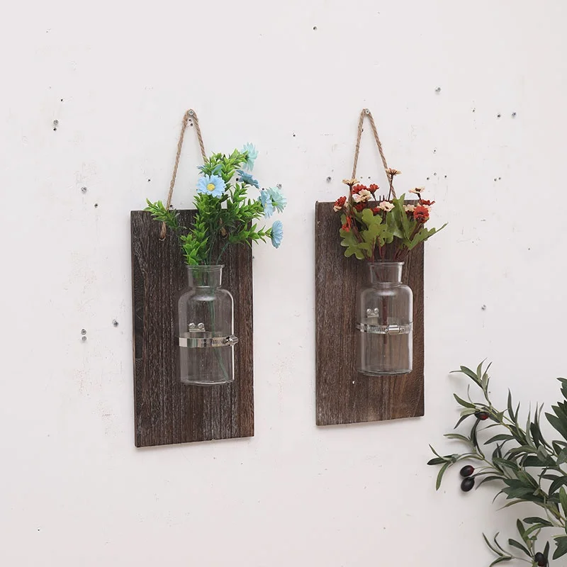 Eco-Friendly Oem Home Decor Retro Style Wall Hanging Hydroponic Air Green Plant Wood Wall Vase Wall Vase Hanging