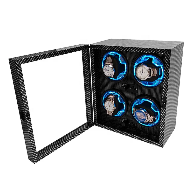 New Arrival 2 3 4 Slot Automatic Carbon Fibre PU Leather  Watch Winder Storage Blue Light Control Made  Watches Packaging Case