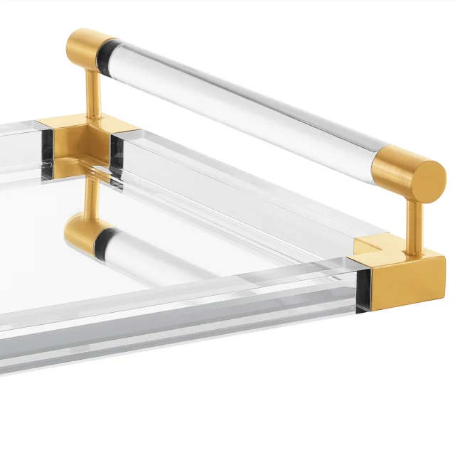 Acrylic serving tray with golden handle, mirror acrylic hotel serving tray with metal decoration