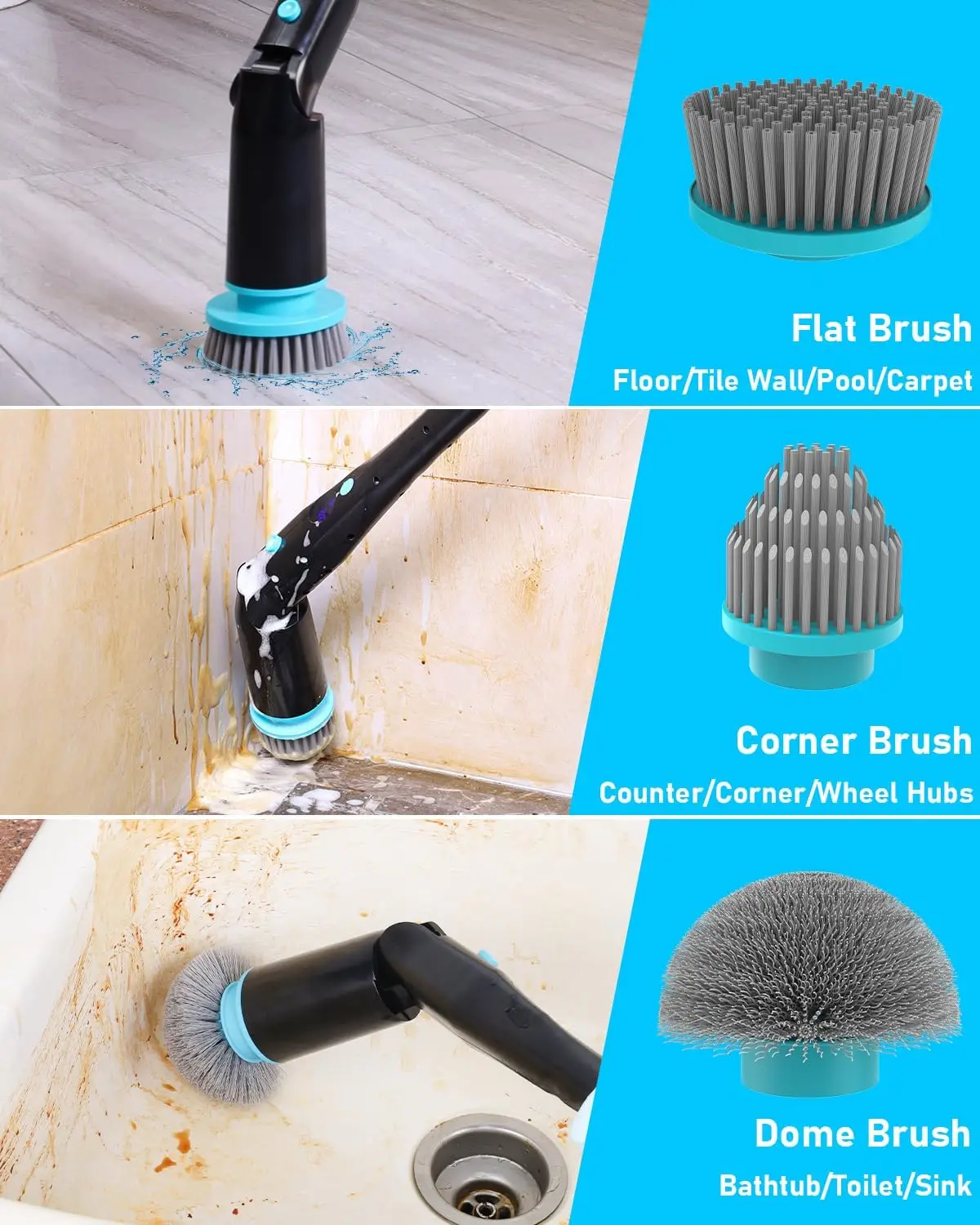 7 in 1 Waterproof Electric Cleaning Brush Cordless Shower Scrubber with Adjustable Handle Dual Speed for Cleaning Bathroom