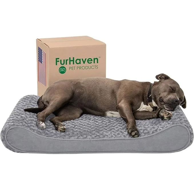 Furhaven Orthopedic Dog Bed Large Dogs 75 lbs Ultra Plush Faux Fur Suede Luxe Lounger Contour Mattress Removable Washable Cover