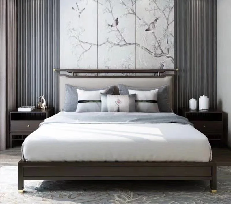 hongye good quality hotel furniture back royal king size buttoned european interior design wooden leather double  bed