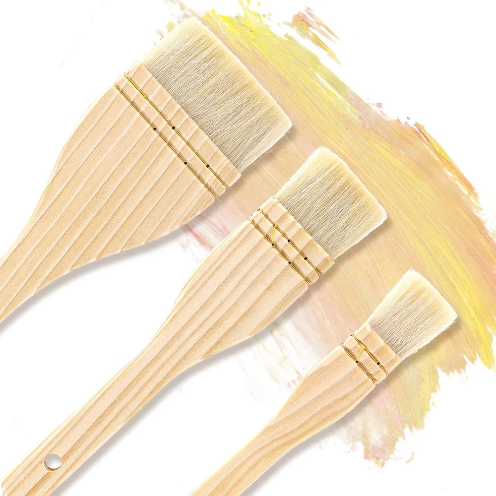 3pcs Flat Hake Paint Brushes Artist Painting Brushes Sheep Hair Bristles Wash Brush for Watercolor Wash Ceramic Pottery Painting