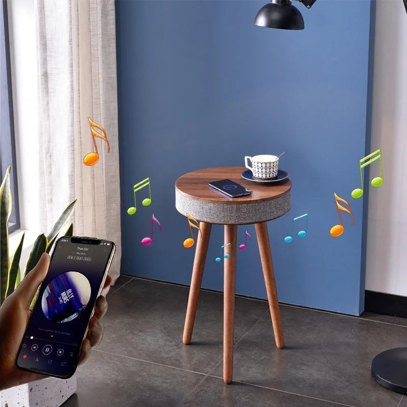 Интеллектуальный прикроватный столик Hifi с беспроводным зарядным устройством многофункциональный деревянный круглый журнальный тремя ножками