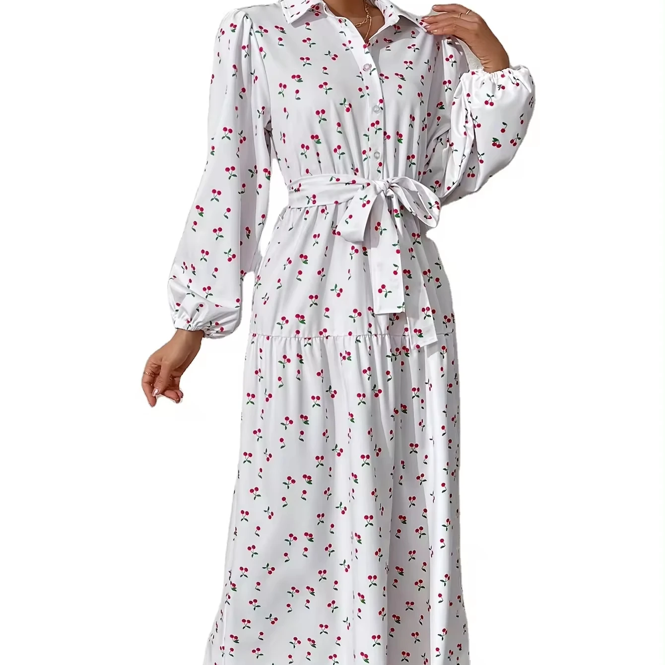white color red cherry pattern suit collars front button closure fashion muslim women casual shirt dress