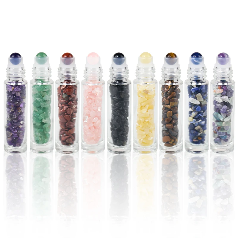 Clear Glass Roller Bottles 10ml Gemstone Essential Oil Roller Bottles with Silver Aluminum Cap and Crystal Stone Roller Balls